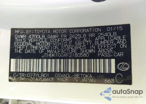 2015 Lexus Es 350 из США, поврежденный, VIN JTHBK1GGXF2180580